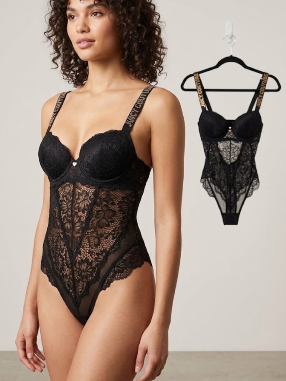 Juicy Couture Black Lace Bodysuit Push Up Teddy Studded Elastic Straps Small